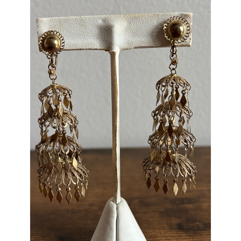 Vintage Silver SIAM Filigree Fringe Chandelier Dangle Screw Back Earrings Long